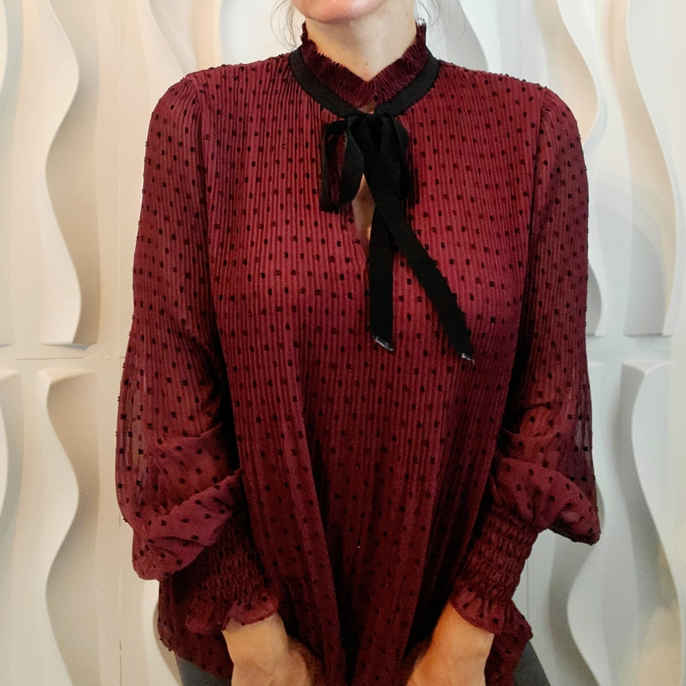 Max Studio Red Bell Sleeve Blouse with Ruffled Tie Front